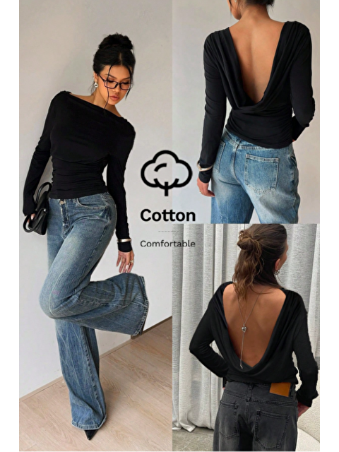 Tarz Cool Kadın Siyah Derin Sırt Dekolteli Uzun Kollu Esnek Pamuk Bluz - S000506649-19351