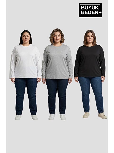 Süperlife Kadın Büyük Beden 3'lü Set Uzun Kollu 2 İplik Bisiklet Yaka Tişört SPR26BEA942+2