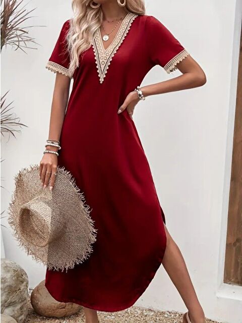 Jane's Kadın Kısa Kollu Dantel V Yakalı Uzun Viskon Elbise