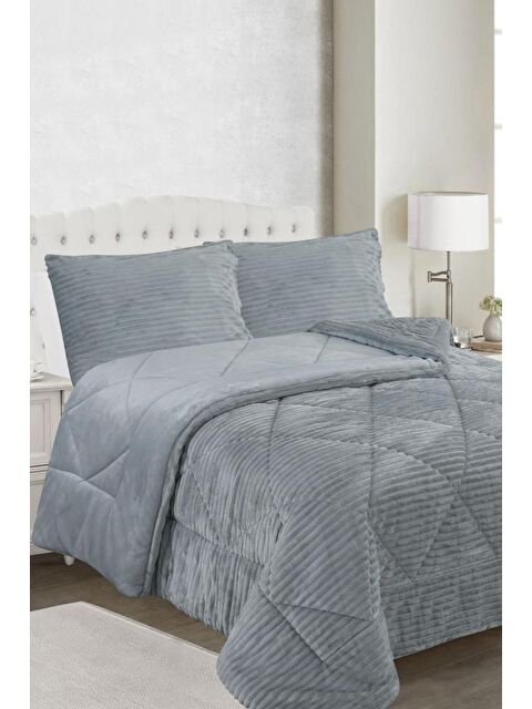 Çeyiz Diyarı Ece Stripe Çift Kişilik Pelüş Yatak Örtüsü Gri - S000501216-20600