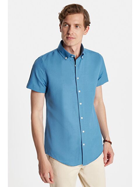 TUDORS Erkek Slim Fit Dar Kesim Kısa Kollu Spor Yaka Oxford Doku Pamuklu İndigo Gömlek - S000519186-23093