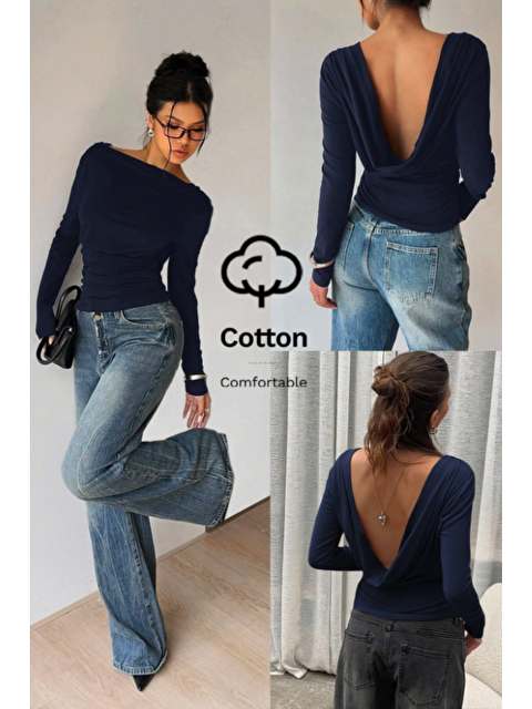 Tarz Cool Kadın Lacivert Derin Sırt Dekolteli Uzun Kollu Esnek Pamuk Bluz - S000506654-21164