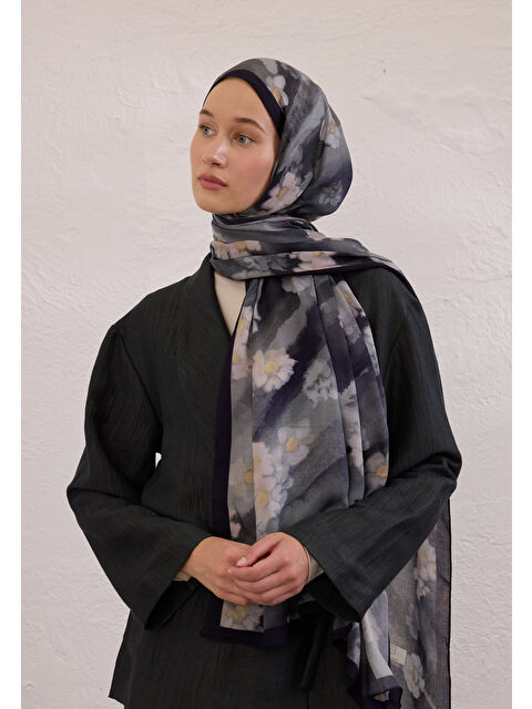 Fresh Scarfs Soft Daısy Desen Rami Şal Lacivert - S000420261-21164