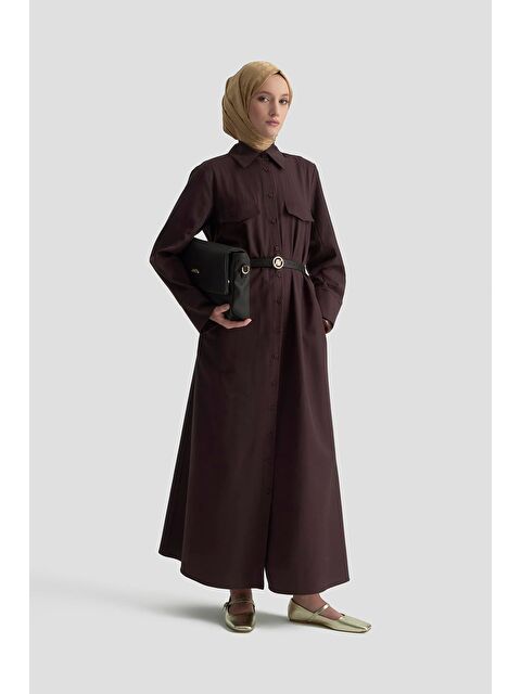 ARMİNE Pens Detaylı Pamuk Elbise 25K9009 Kahverengi - S000490348-19413