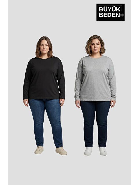 Süperlife Kadın Büyük Beden 2'li Set Uzun Kollu 2 İplik Bisiklet Yaka Tişört SPR26BEA942+2