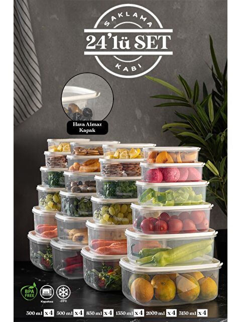 Meleni Home 24'lü Sweet Box Saklama Kabı Seti Dikdörtgen Erzak Kabı Kavanoz Bej 4x(300-500-850-1350-2000-3150ml) - S000108694-29666