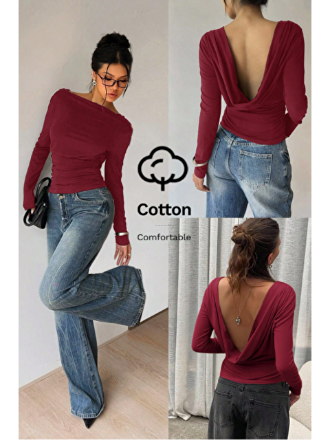 Tarz Cool Kadın Bordo Derin Sırt Dekolteli Uzun Kollu Esnek Pamuk Bluz - S000506653-19951
