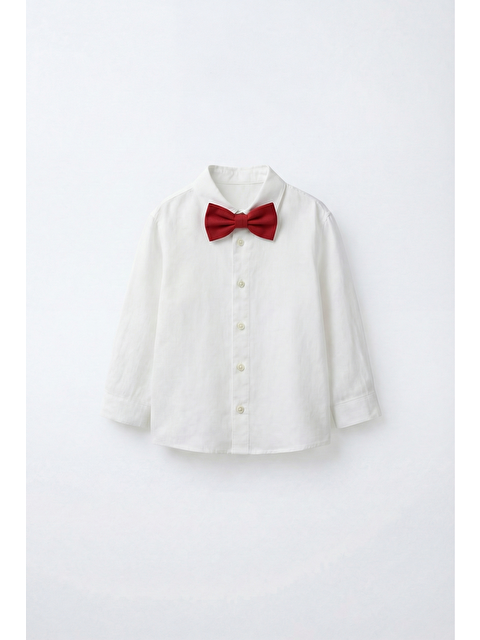 Magu Erkek Çocuk Pamuklu Beyaz Keten Gömlek – Papyon Dahil, Kolları Ayarlanabilir - S000503394-20063