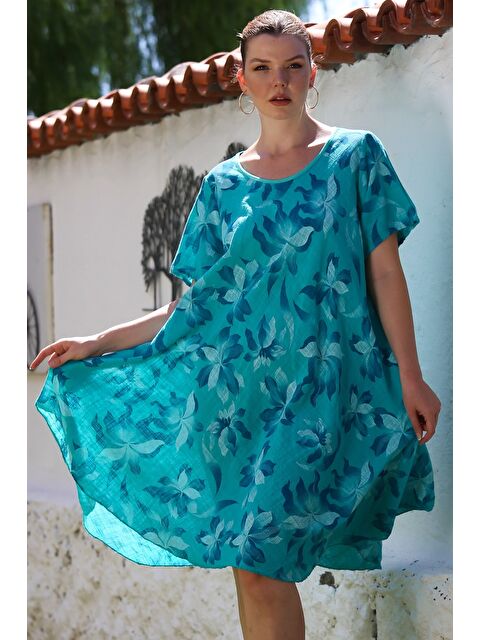 Chiccy İtalyan Petrol Yeşili Havuz Yaka Kısa Kol Çiçekli Casual Oversize Dokuma Elbise 110 70 - S000416103-37401