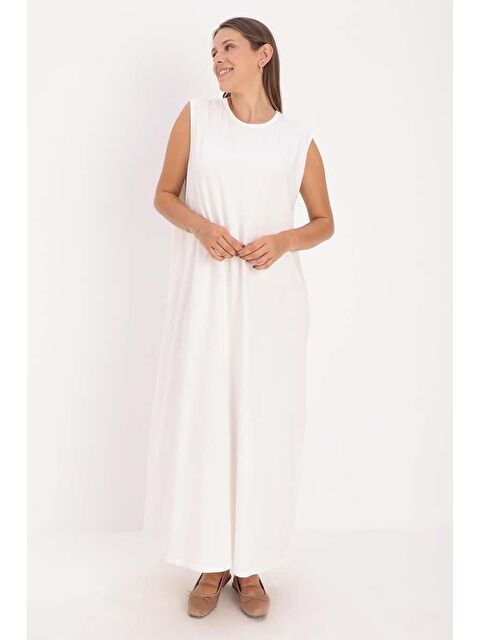 ALLDAY Ekru-Büyük Beden Pamuklu Bisiklet Yaka Kolsuz Elastanlı İçlik Elbise - S000501492-19965