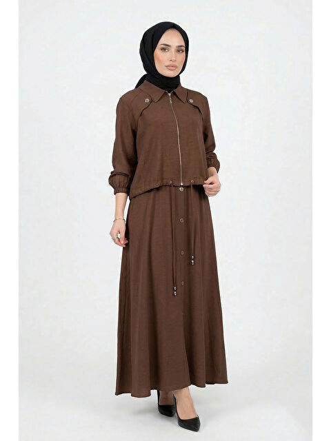 Remsa Aller ve Çıt Çıt Detay Modal Bolerolu Elbise921 Kahverengi