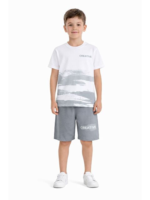 Cansın Mini Gri Creative Yazılı Desenli Tişörtlü Erkek Çocuk Şortlu Takım 23792