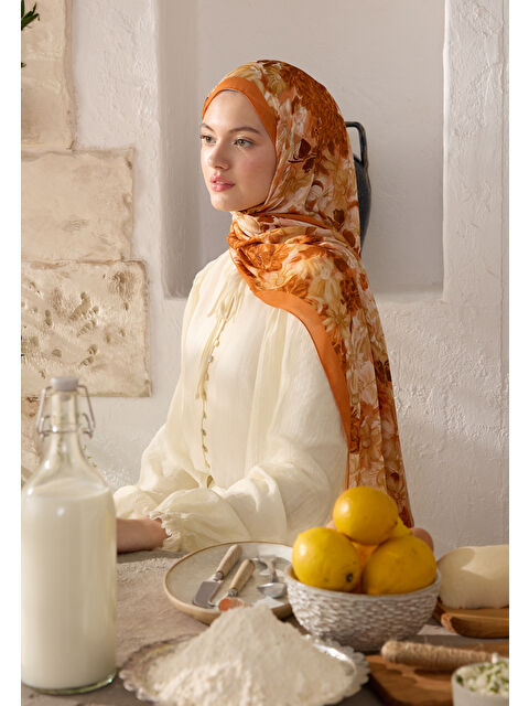 Fresh Scarfs Summer Bloom Desen Rami Şal Turuncu - S000420349-20013
