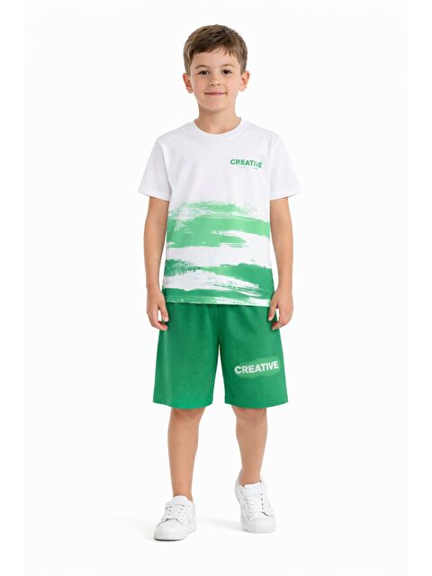 Cansın Mini Yeşil Creative Yazılı Desenli Tişörtlü Erkek Çocuk Şortlu Takım 23790
