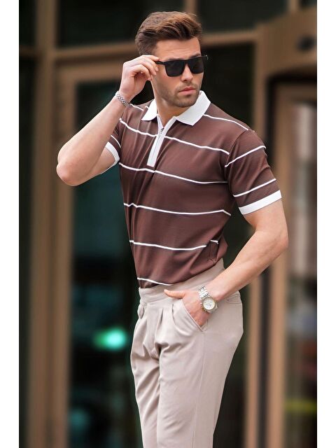 Madmext Kahverengi Çizgili Polo Yaka Fermuarlı Tişört 6898 - S000193701-19413