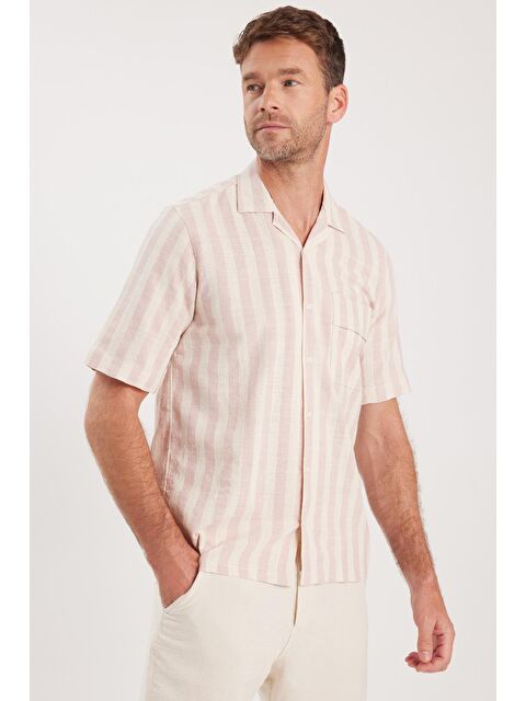 TUDORS Erkek Regular Fit Klasik Kesim Kısa Kollu Apaş Yaka Çizgili Cepli %100 Pamuk Gömlek - S000519188-23173