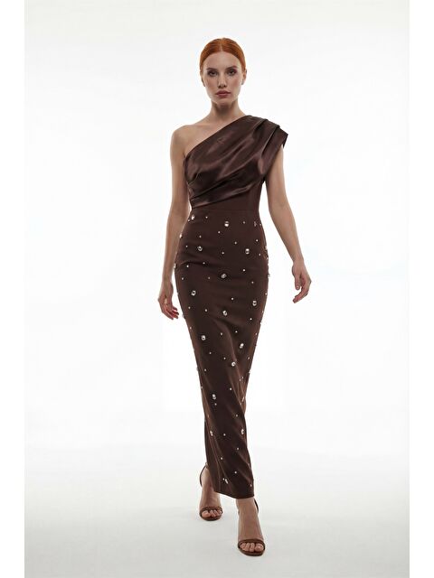 Lafaba Kadın Kahverengi Dar Kalıp Tek Omuz Taşlı Söz Nişan Nikah Abiye Elbise - S000351364-19413