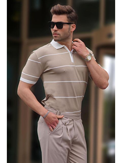 Madmext Vizon Çizgili Polo Yaka Fermuarlı Tişört 6898 - S000193701-26429