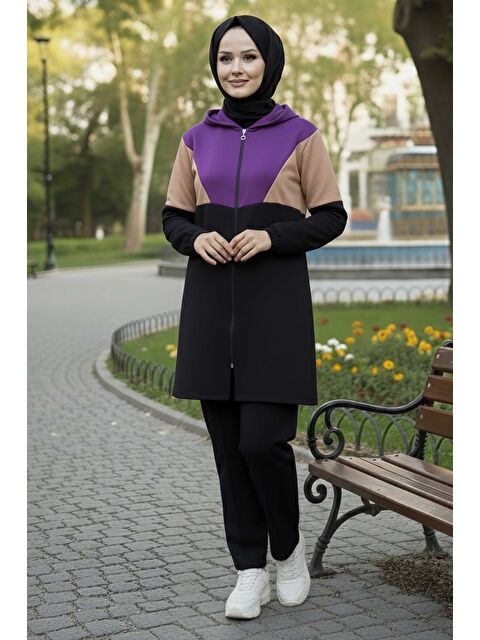 Tofisa Garnili Fermuarlı İki İplik Tunik Pantolon Mor - 13107-MOR - S000154763-20042