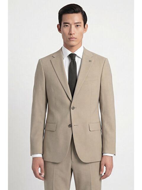 Sabri Özel Bejregular Fit Yünlü Mono Yaka Yelekli Takım Elbise