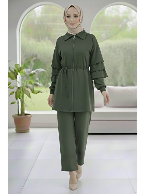 Tofisa Kolları Fırfırlı Modal İkili Takım Haki - 089-HAKI - S000488872-18547