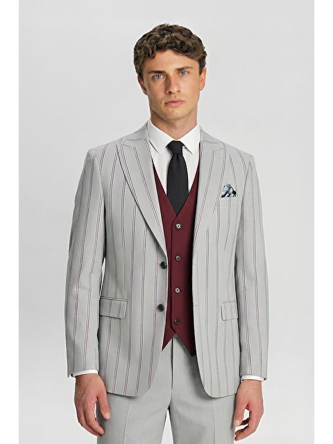 Sabri Özel Giotelli Erkek Gri Regular Fit Çizgili Mono Yaka Yelekli 6 Drop Takım Elbise - S000523895-20600