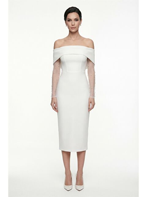 Lafaba Kadın Beyaz Kayık Yaka İncili Midi Söz Nişan Nikah Abiye Elbise - S000506639-20063