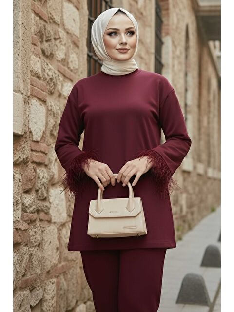 Tofisa Kol Ucu Tüylü Modal İkili Takım Bordo - 088-BORDO - S000488863-19951