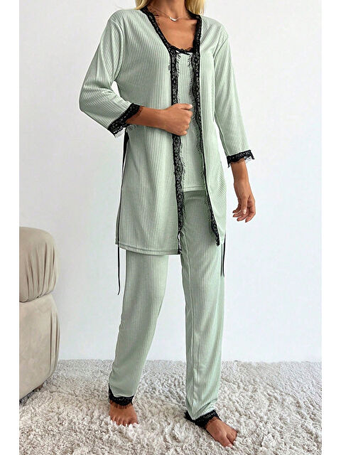Tofisa Desenli Üçlü Pijama Takımı Mint - 28076-MINT - S000488873-1180