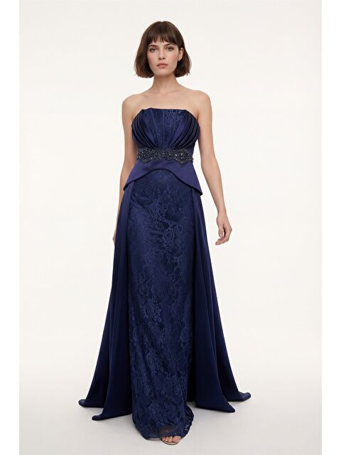 Lafaba Kadın Lacivert Straplez Yaka Dantel Detay Uzun Abiye Elbise - S000506658-21164