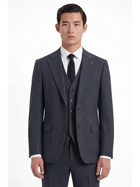 Sabri Özel Giotelli Erkek Siyah Slim Fit Çizgili Mono Yaka Yelekli 6 Drop Takım Elbise - S000523902-19351