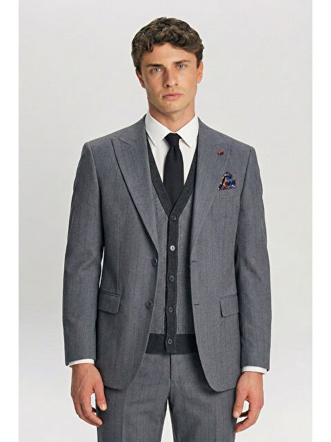 Sabri Özel Giotelli Gri Triko Yelekli 6 Drop Polyester Viskon Karışımlı Erkek Takım Elbise - S000523904-20600