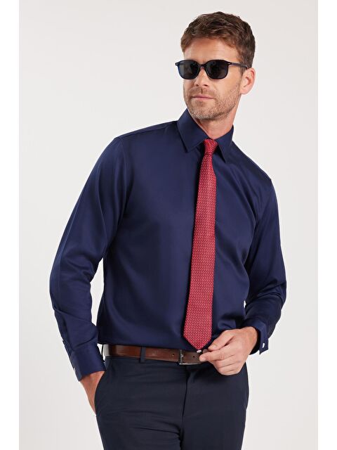 TUDORS Regular Fit Lacivert Non-Iron %100 Pamuk Doğa Dostu Ekoteks Belgeli Ütü Gerektirmez Gömlek - S000519192-21164