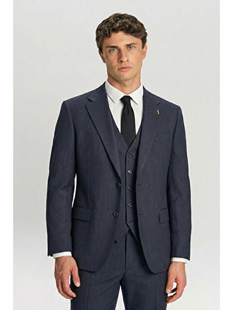 Sabri Özel Giotelli Lacivert Slim Fit Çizgili Mono Yaka Yelekli 6 Drop Erkek Takım Elbise - S000523906-21164