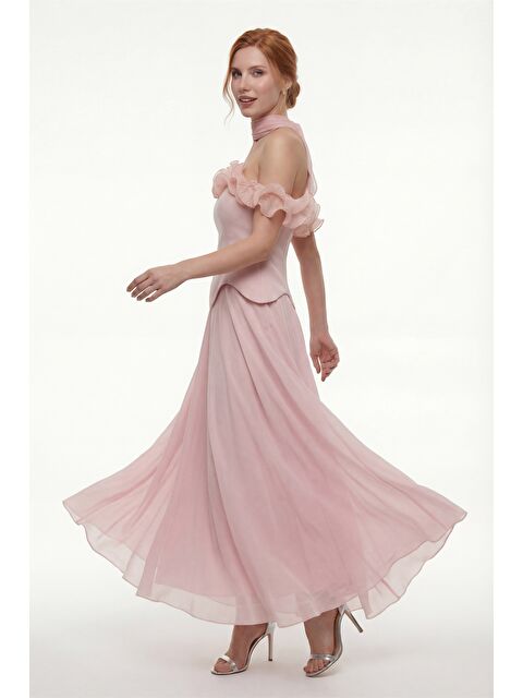 Lafaba Kadın Pudra Fırfır Detaylı Uzun Söz Nişan Nikah Abiye Elbise - S000506617-7152