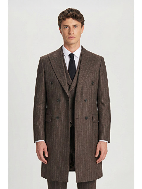 Sabri Özel Giotelli Kahve Regular Fit Çizgili Desenli Yelekli Kabanlı 4'Lü Takım Elbise Seti - S000523913-19413