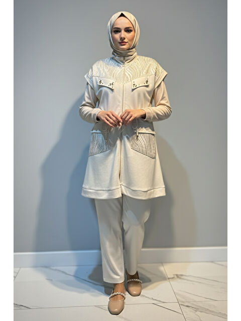 Remsa Kadın Yelek Pantolon Jakar Detay Takım 7303 Ekru - S000485979-19965