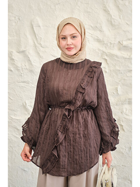 Locco Moda Kadın Önü Fırfırlı Ve Bağlama Detay Simli Tül Kumaş Tunik Kahverengi