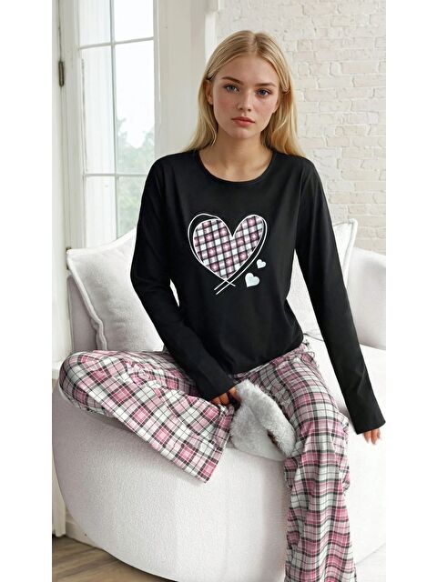 carla10 Kalp Baskılı Süprem Kumaş Kadın Pijama Takımı - S000490362-19351