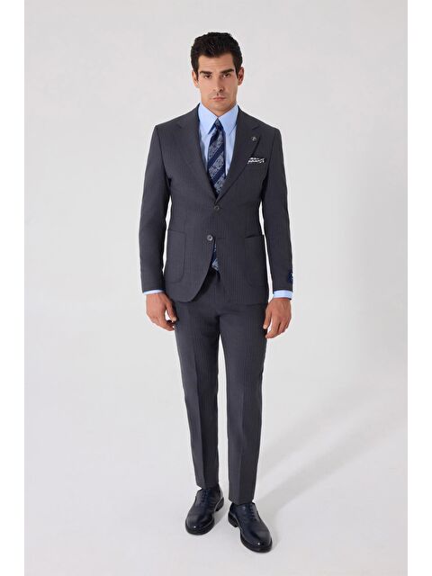 Sabri Özel Erkek Gri Slim Fit %100 Yün Mono Yaka Çizgili Takım Elbise - S000523915-20600