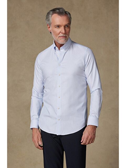 ABBATE Carlo Armür Pamuklu Slim Fit Açık Mavi Düğmeli Yaka Erkek Baskılı %100 Pamuk Gömlek - S000438226-17437