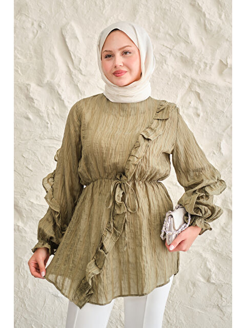 Locco Moda Kadın Önü Fırfırlı Ve Bağlama Detay Simli Tül Kumaş Tunik Yeşil