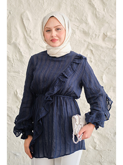 Locco Moda Kadın Önü Fırfırlı Ve Bağlama Detay Simli Tül Kumaş Tunik Lacivert