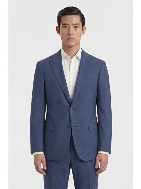 Sabri Özel Erkek Yün Karışımlı 4 Drop Klasik Açık Lacivert Takım Elbise