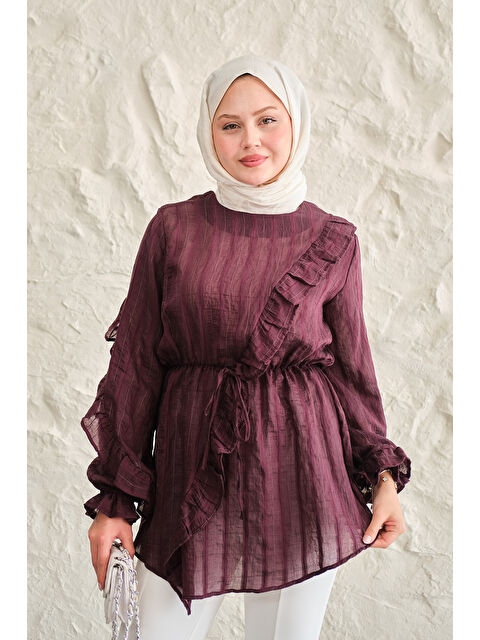 Locco Moda Kadın Önü Fırfırlı Ve Bağlama Detay Simli Tül Kumaş Tunik Bordo