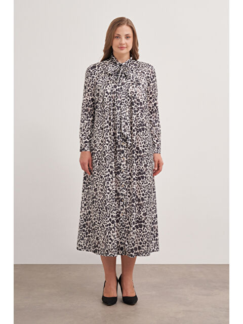 AKER Siyah Fular Yaka Desenli Elbise - S000485998-19351