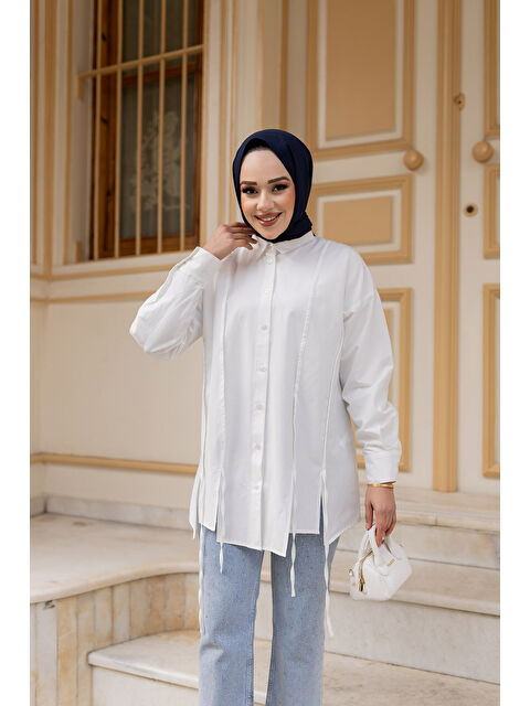 Locco Moda Kadın İp Detaylı Yırtmaçlı Gömlek Beyaz - S000358484-20063