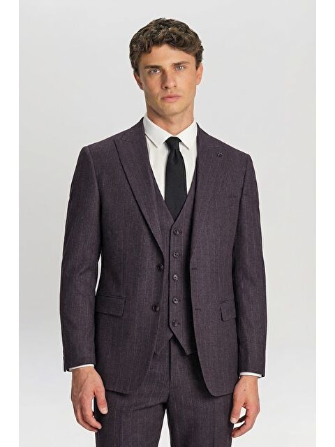 Sabri Özel Giotelli Bordo Yelekli Çizgili Mono Yaka Roma Kalıp 8 Drop Tam Astarlı Erkek Takım Elbise Rm - S000523921-19951