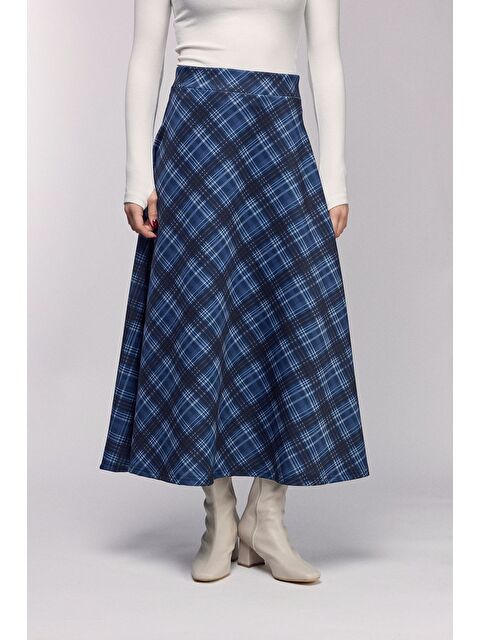 Saade Lacivert Ekose Desenli Yüksek Bel Kloş Scuba Etek - S000504788-21164