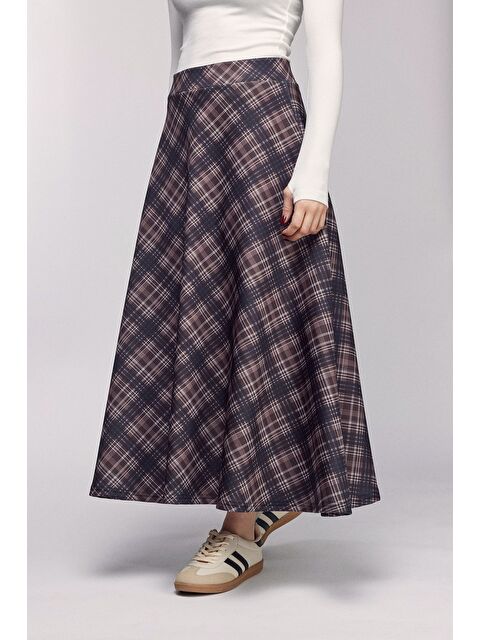 Saade Kahverengi Ekose Desenli Yüksek Bel Kloş Scuba Etek - S000504788-19413